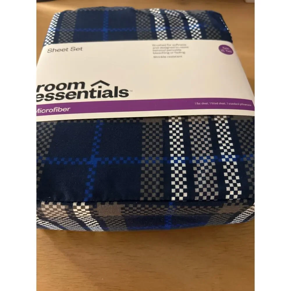 New Twin/Twin XL Microfiber Sheet Set Plaid White Navy Gray- Room Essentials